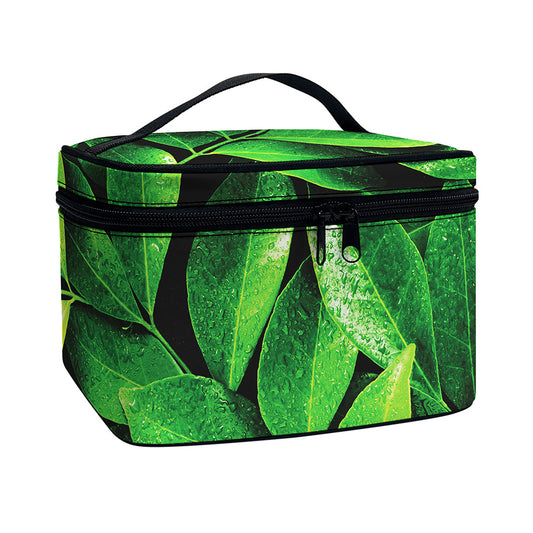 Fresh Green Leaf Print Travel Makeup Bag