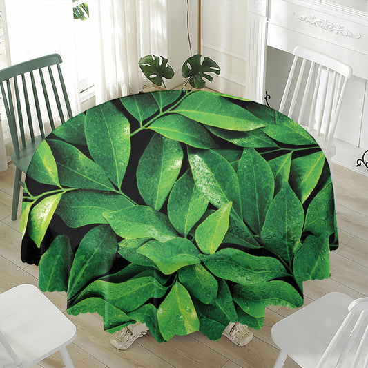 Fresh Green Leaf Print Waterproof Round Tablecloth