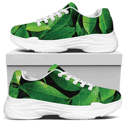 Fresh Green Leaf Print White Chunky Shoes