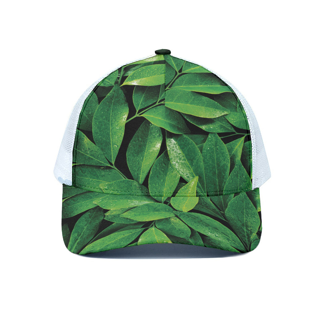 Fresh Green Leaf Print White Mesh Trucker Cap