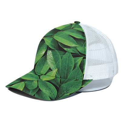 Fresh Green Leaf Print White Mesh Trucker Cap