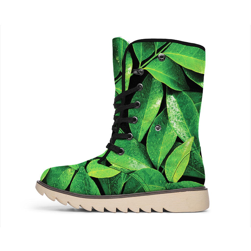 Fresh Green Leaf Print Winter Boots