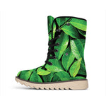Fresh Green Leaf Print Winter Boots