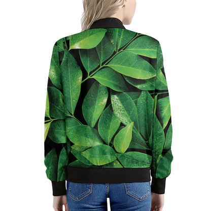 Fresh Green Leaf Print Women's Bomber Jacket
