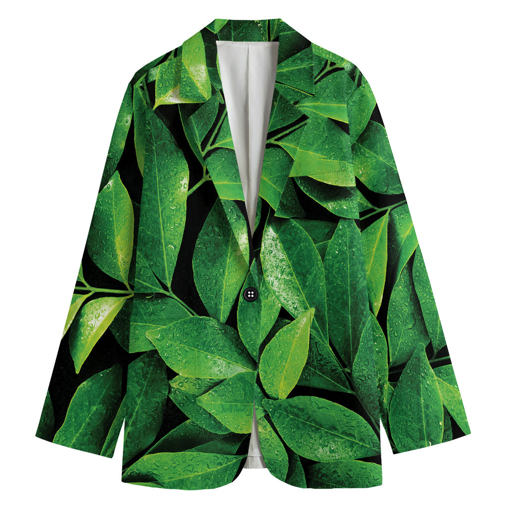 Fresh Green Leaf Print Women's Cotton Blazer