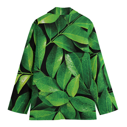 Fresh Green Leaf Print Women's Cotton Blazer