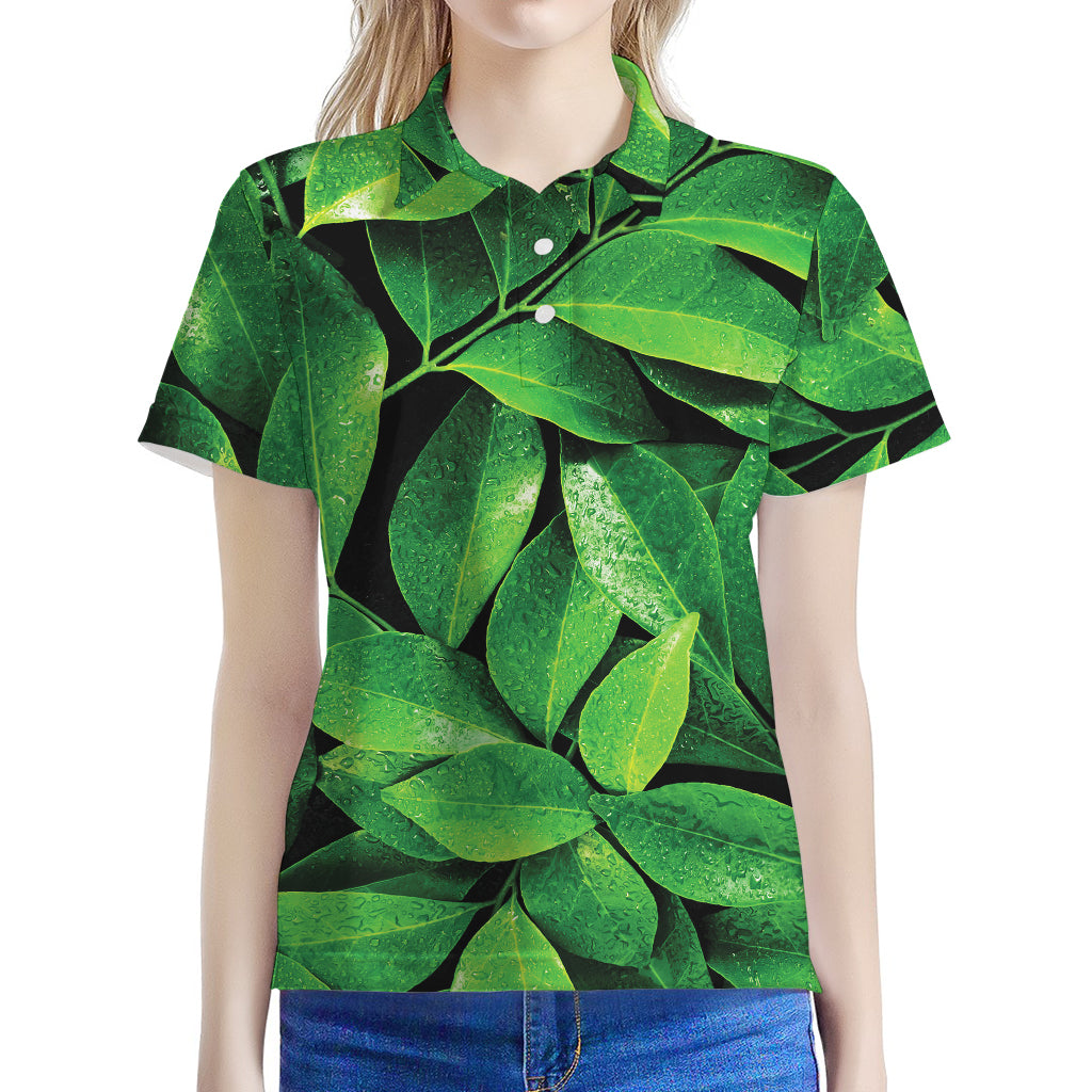 Fresh Green Leaf Print Women's Polo Shirt