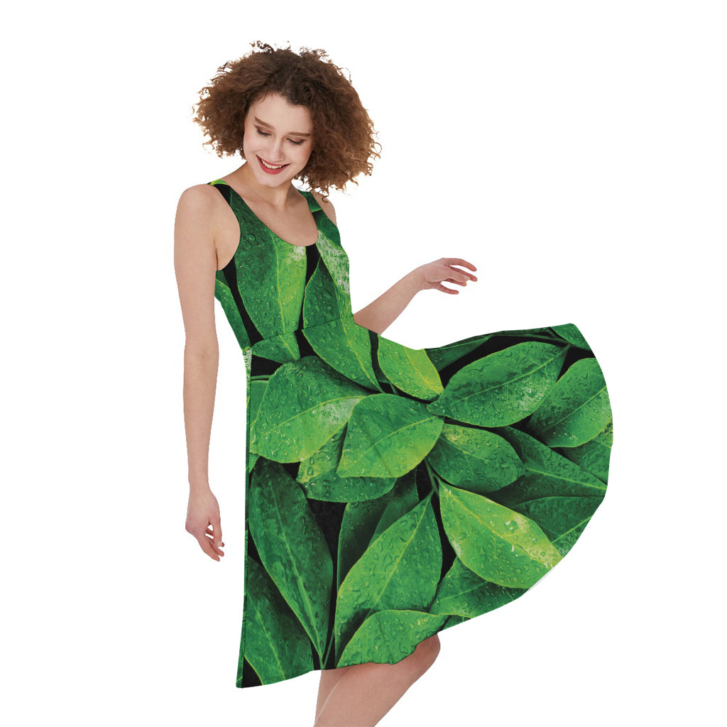 Fresh Green Leaf Print Women's Sleeveless Dress
