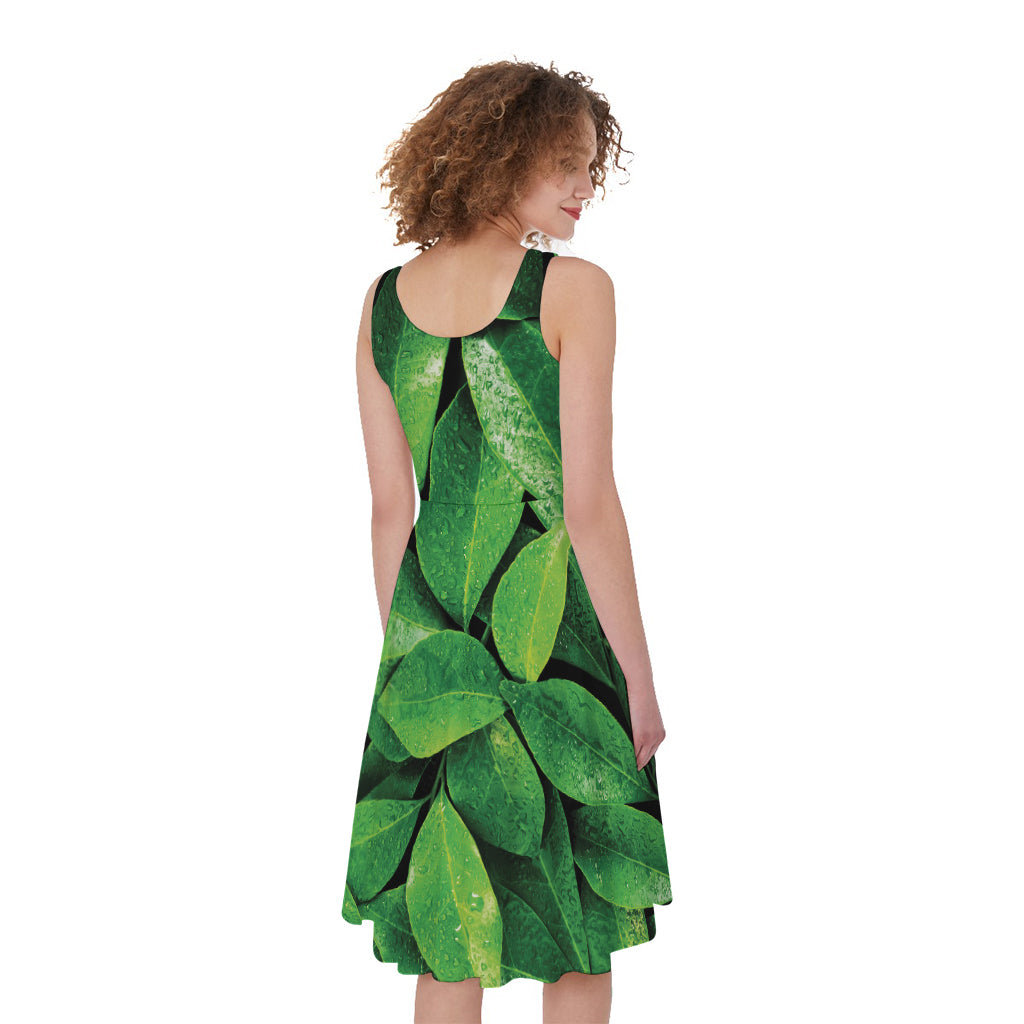 Fresh Green Leaf Print Women's Sleeveless Dress