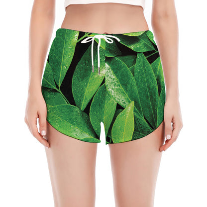 Fresh Green Leaf Print Women's Split Running Shorts