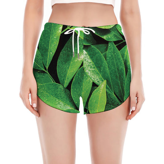 Fresh Green Leaf Print Women's Split Running Shorts