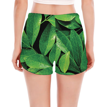 Fresh Green Leaf Print Women's Split Running Shorts