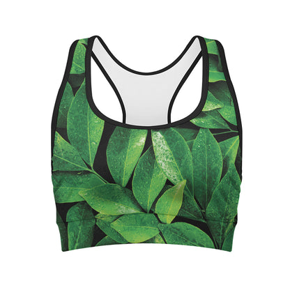 Fresh Green Leaf Print Women's Sports Bra