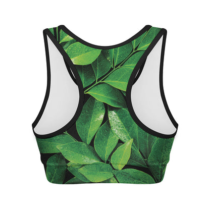 Fresh Green Leaf Print Women's Sports Bra