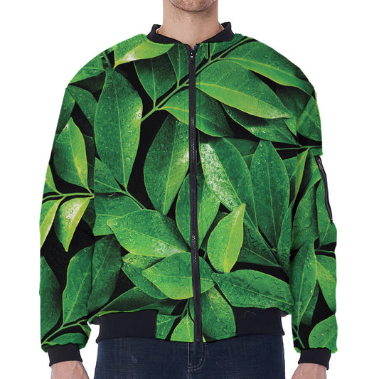 Fresh Green Leaf Print Zip Sleeve Bomber Jacket