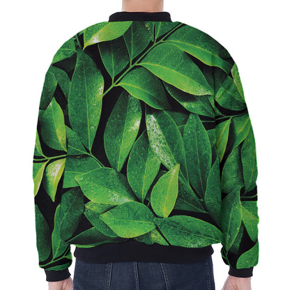 Fresh Green Leaf Print Zip Sleeve Bomber Jacket