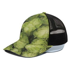 Fresh Hop Cone Print Black Mesh Trucker Cap