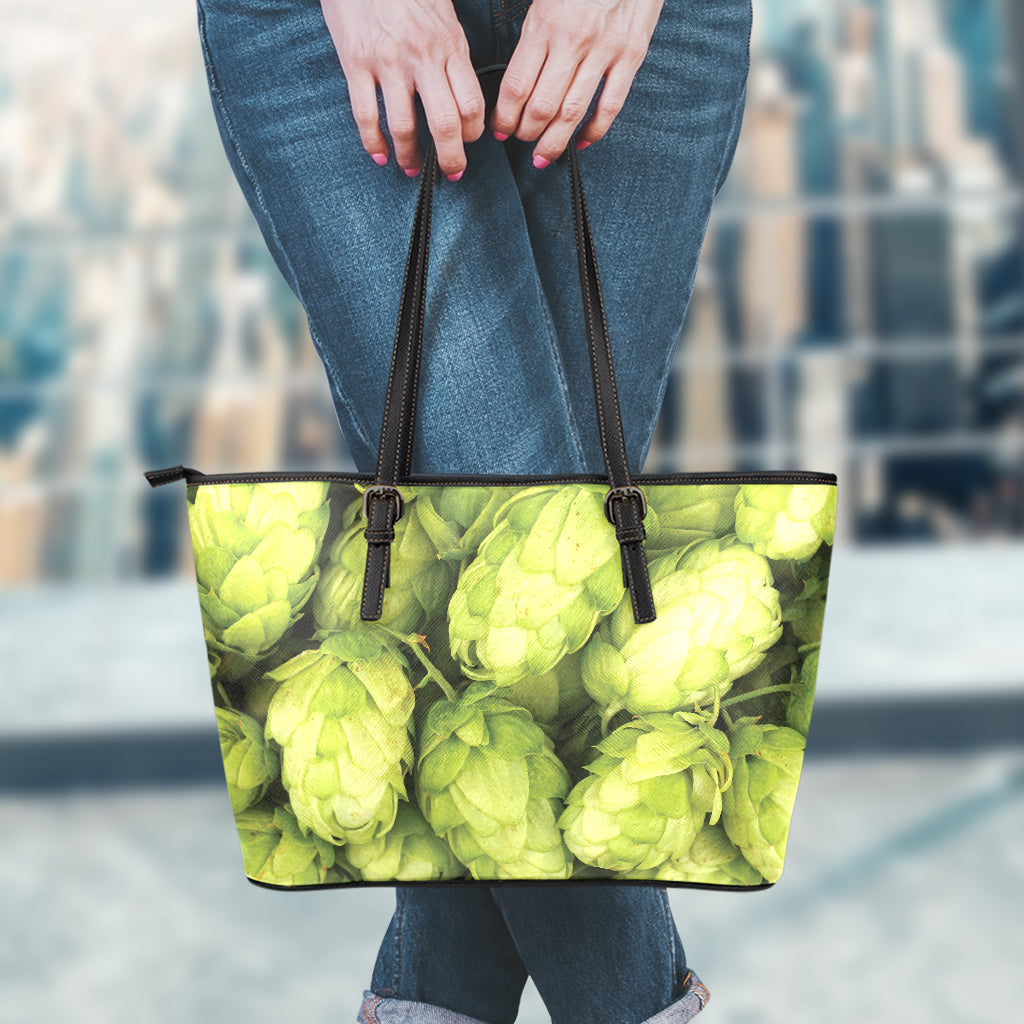 Fresh Hop Cone Print Leather Tote Bag