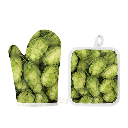 Fresh Hop Cone Print Oven Mitt And Pot Holder Set