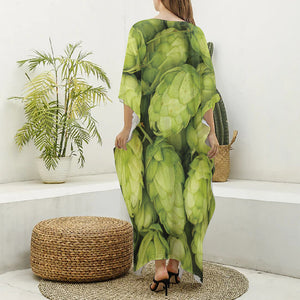 Fresh Hop Cone Print Silk V-Neck Kaftan Dress