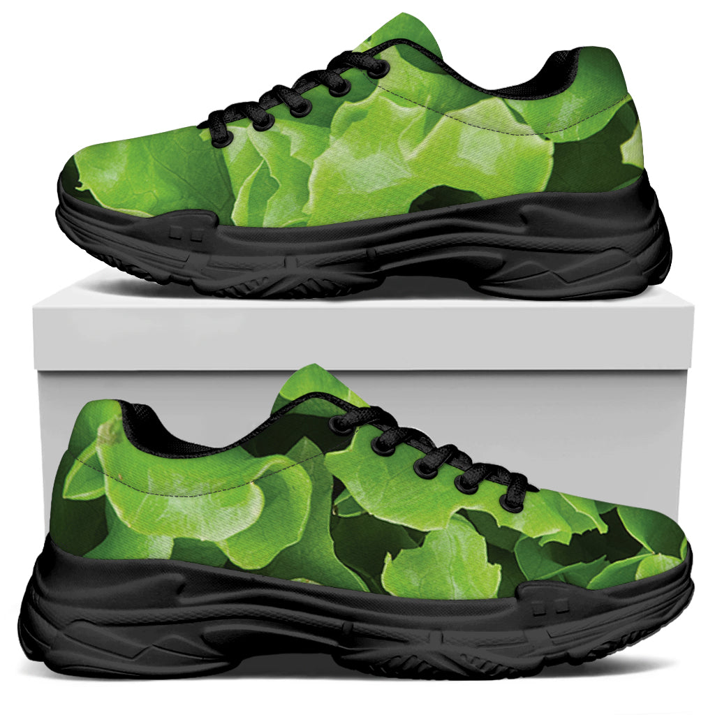 Fresh Lettuce Leaves Print Black Chunky Shoes