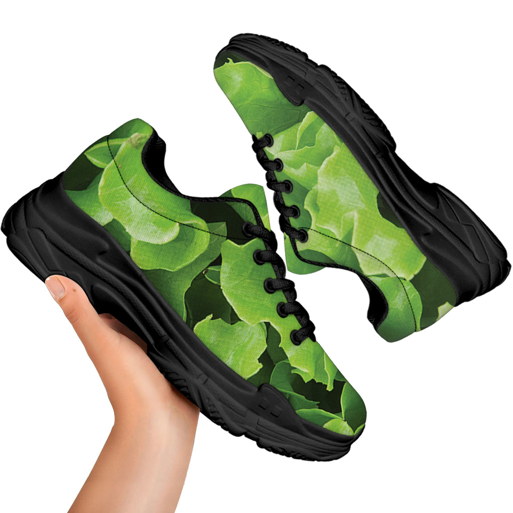 Fresh Lettuce Leaves Print Black Chunky Shoes