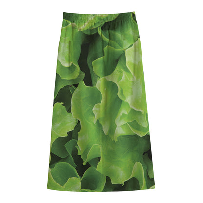 Fresh Lettuce Leaves Print Cotton Front Slit Maxi Skirt