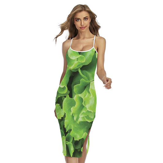Fresh Lettuce Leaves Print Cross Back Cami Dress
