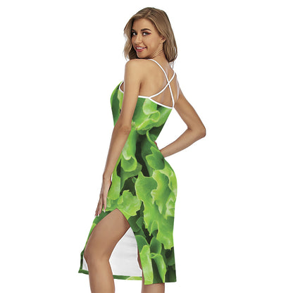 Fresh Lettuce Leaves Print Cross Back Cami Dress