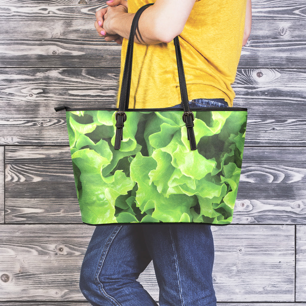 Fresh Lettuce Leaves Print Leather Tote Bag