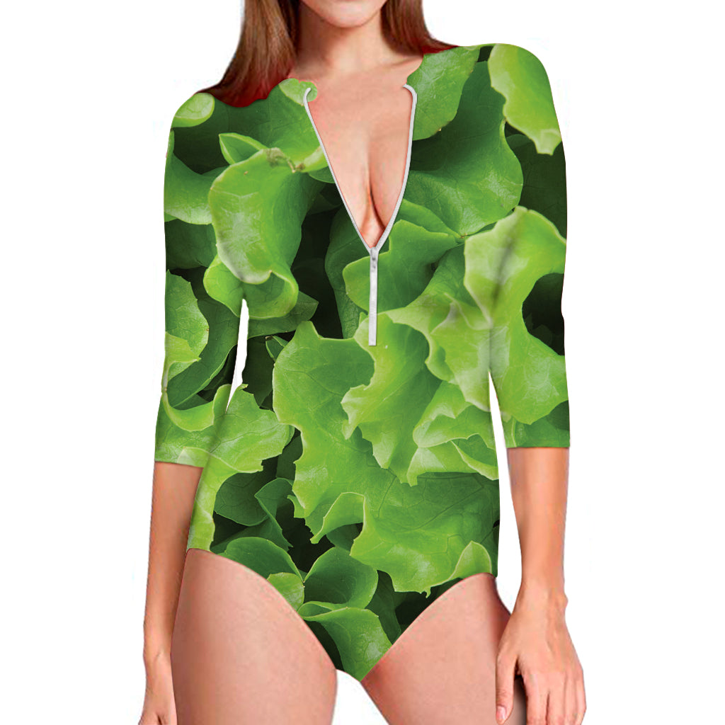 Fresh Lettuce Leaves Print Long Sleeve Swimsuit