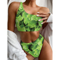 Fresh Lettuce Leaves Print One Shoulder Bikini Set