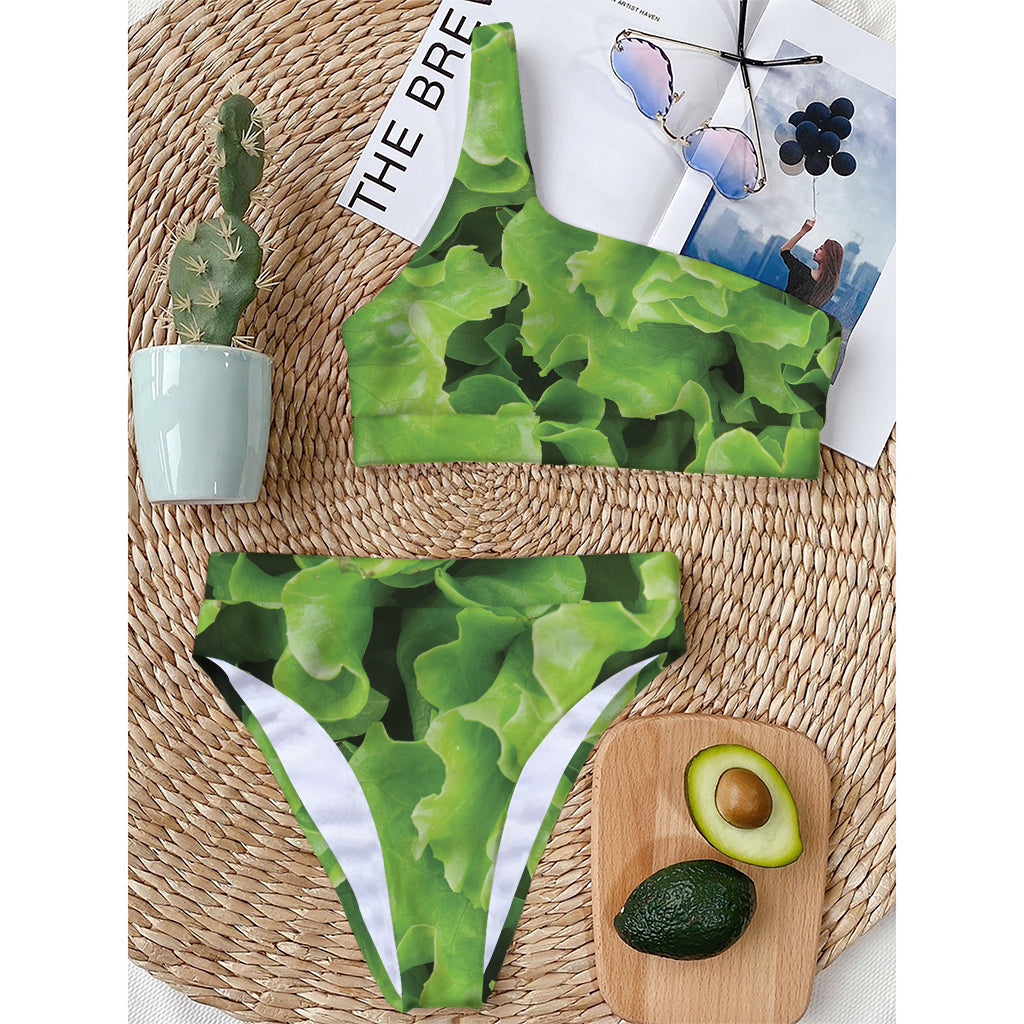 Fresh Lettuce Leaves Print One Shoulder Bikini Top