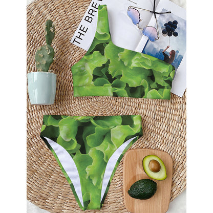 Fresh Lettuce Leaves Print One Shoulder Bikini Top