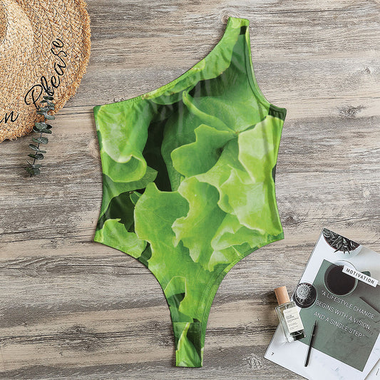 Fresh Lettuce Leaves Print One Shoulder Bodysuit