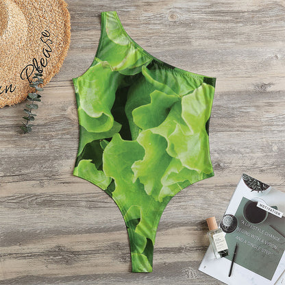 Fresh Lettuce Leaves Print One Shoulder Bodysuit