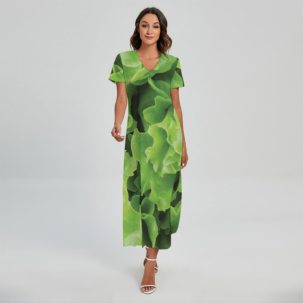 Fresh Lettuce Leaves Print Short Sleeve Maxi Dress