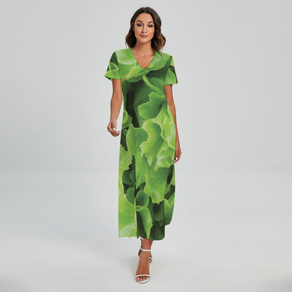 Fresh Lettuce Leaves Print Short Sleeve Maxi Dress
