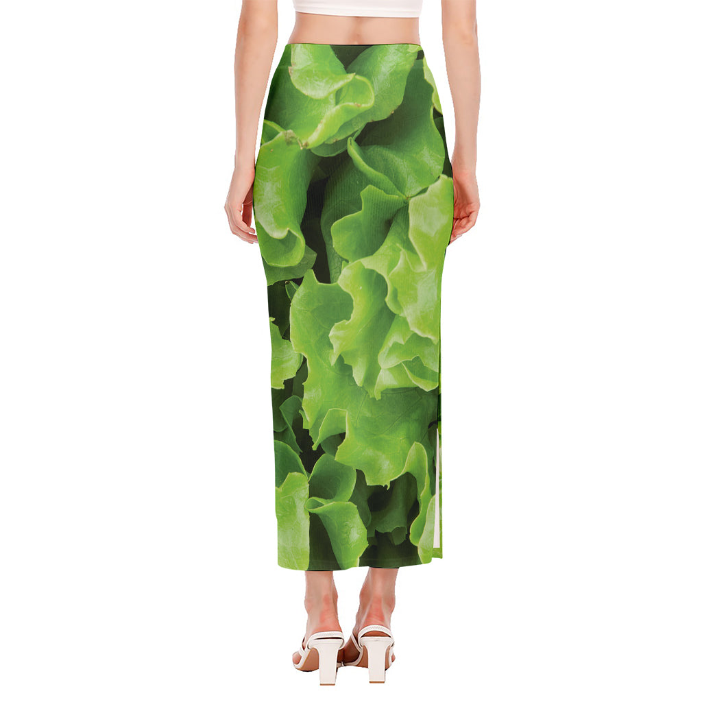 Fresh Lettuce Leaves Print Side Slit Maxi Skirt