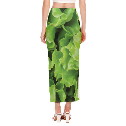 Fresh Lettuce Leaves Print Side Slit Maxi Skirt