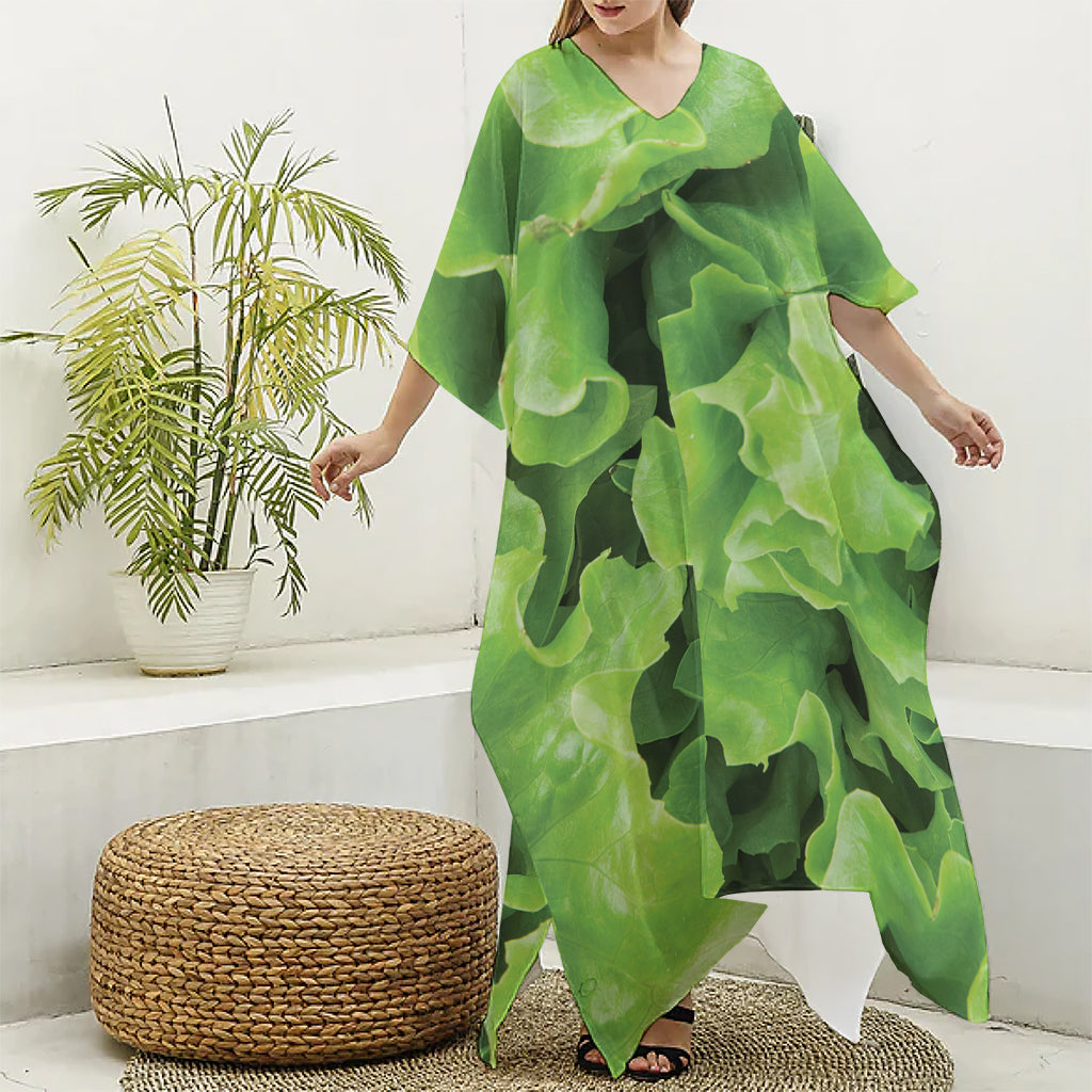 Fresh Lettuce Leaves Print Silk V-Neck Kaftan Dress