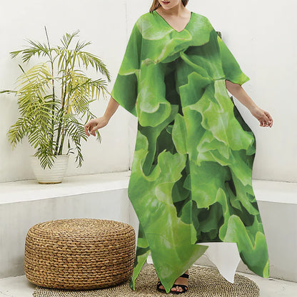 Fresh Lettuce Leaves Print Silk V-Neck Kaftan Dress