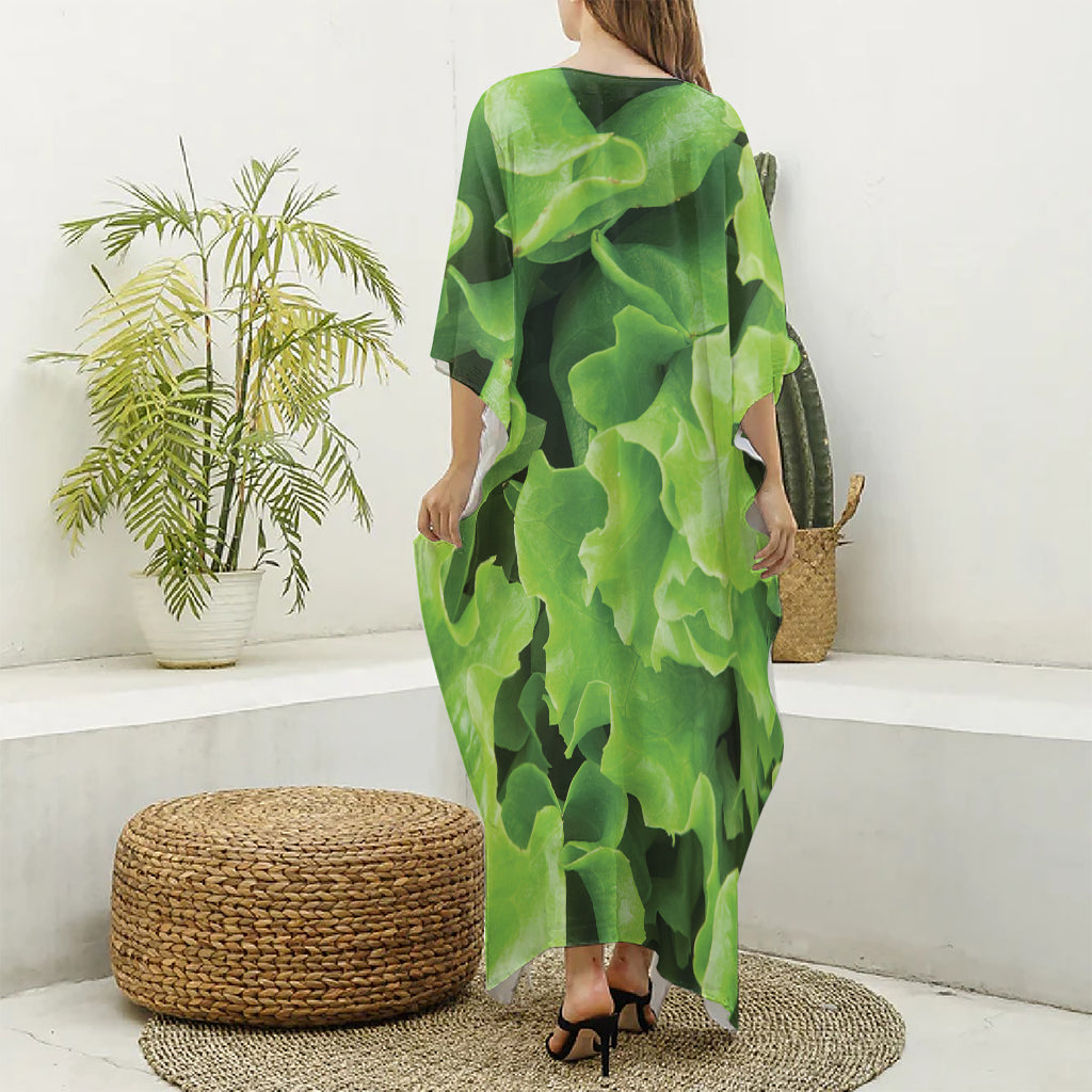 Fresh Lettuce Leaves Print Silk V-Neck Kaftan Dress