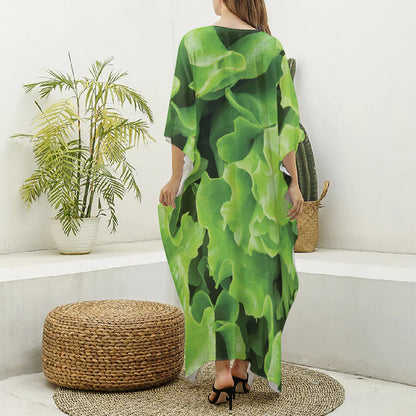 Fresh Lettuce Leaves Print Silk V-Neck Kaftan Dress
