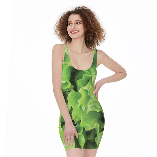 Fresh Lettuce Leaves Print Sleeveless Bodycon Dress