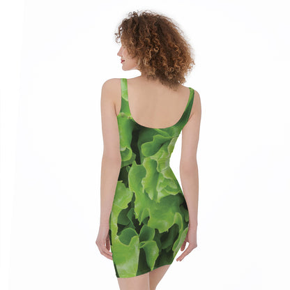 Fresh Lettuce Leaves Print Sleeveless Bodycon Dress