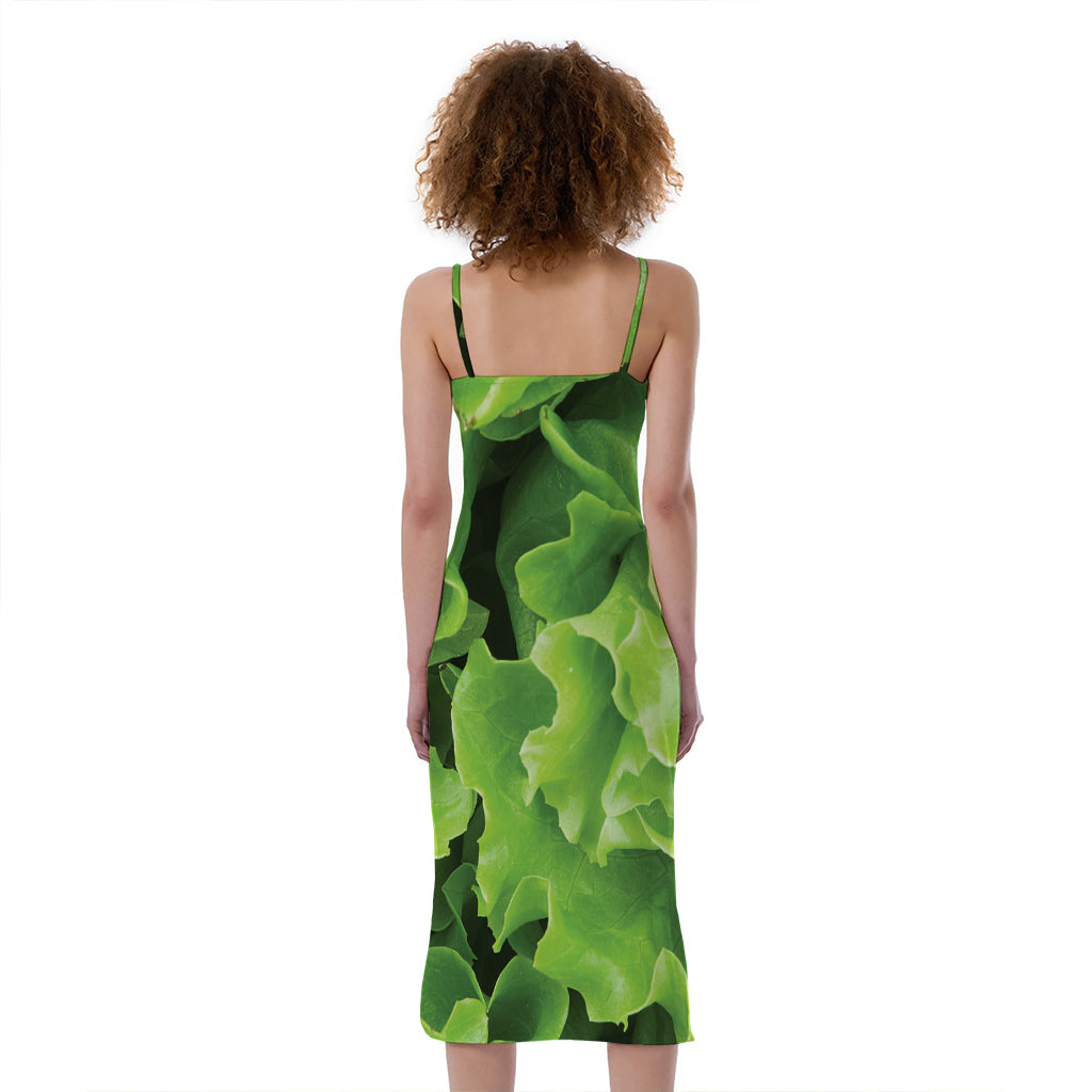 Fresh Lettuce Leaves Print Slim Fit Midi Cami Dress