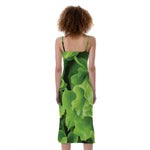 Fresh Lettuce Leaves Print Slim Fit Midi Cami Dress