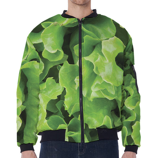 Fresh Lettuce Leaves Print Zip Sleeve Bomber Jacket