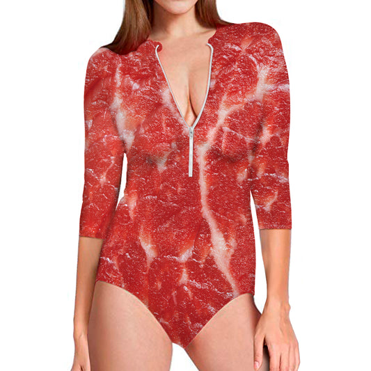 Fresh Meat Print Long Sleeve Swimsuit